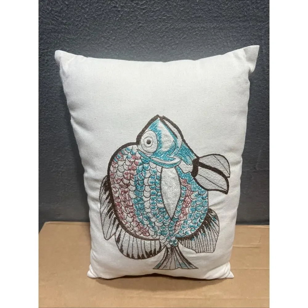 Pier 1 Nautical Beach Embroidery Fish Decorate Pillow 17x12”